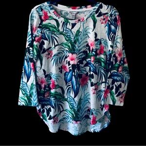 Tommy Bahama Women’s Floral 3/4 Sleeve Top - Blue, Green, Pink, 100% Cotton. M